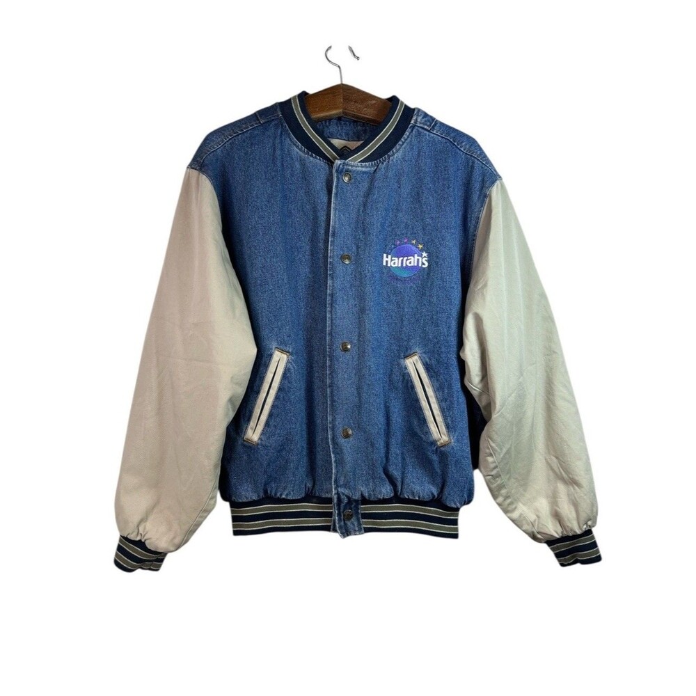 VINTAGE 90s Mens Gear For Sports Denim Jean Bomber Snap Jacket Harrah’s Vegas XL